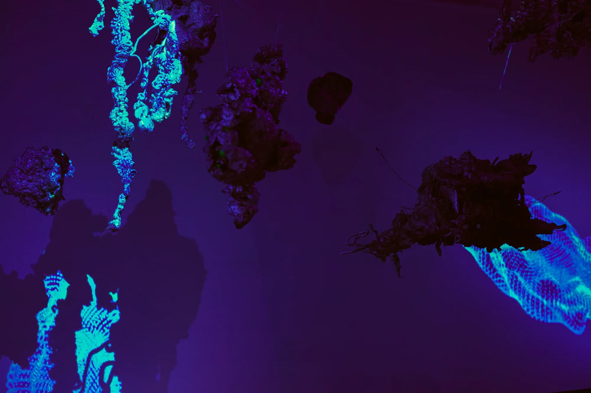 Panorama da galeria com visitante, esculturas e luz violeta
